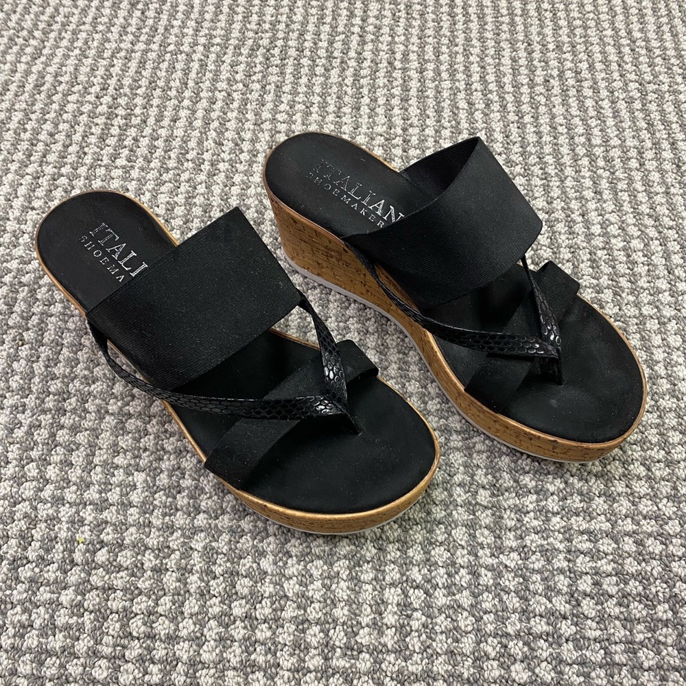 Italian Shoemakers Black Wedge Sandals with Cork-Look Platform